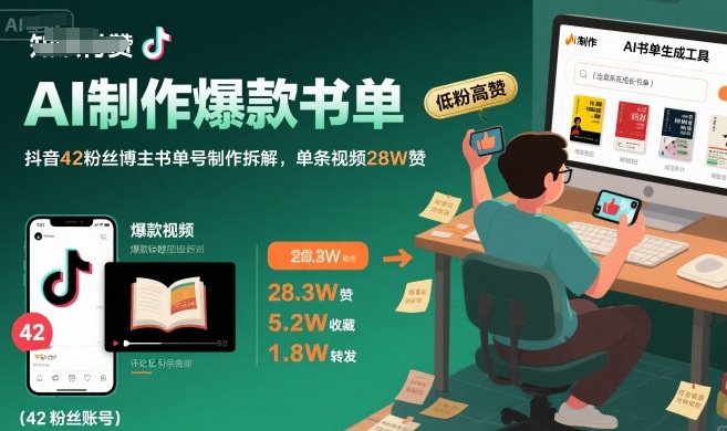 AI制作爆款书单，抖音42粉丝博主书单号制作拆解，单条视频28W赞-小酒传媒创业网：网创资源∞实战项目∞全网首发