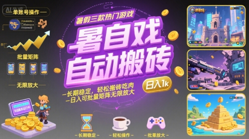 暑假三款热门游戏自动搬砖，长期稳定，轻松搬砖吃肉，日入1k ，可批量矩阵无限放大【揭秘】-小酒传媒创业网：网创资源∞实战项目∞全网首发