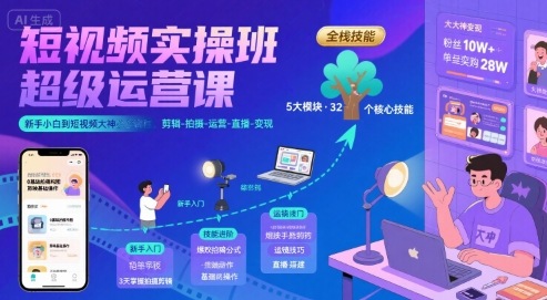 短视频实操班超级运营课，新手小白到短视频大神必修课程，剪辑-拍摄-运营-直播-变现-小酒传媒创业网：网创资源∞实战项目∞全网首发