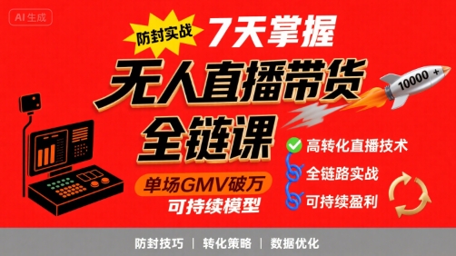 无人直播带货全链防封实战课，7天掌握高转化直播技术，实现单场GMV破万可持续模型-小酒传媒创业网：网创资源∞实战项目∞全网首发