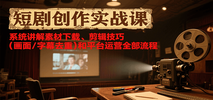 短剧创作实战课，系统讲解素材下载、剪辑技巧（画面/字幕去重）和平台运营全部流程-小酒传媒创业网：网创资源∞实战项目∞全网首发