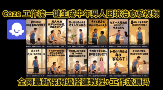coze工作流一键生成”中年男人困境扎心高涨粉高播放量图文视频”保姆级拆解教程，无需剪辑，无需拍摄写文案-小酒传媒创业网：网创资源∞实战项目∞全网首发