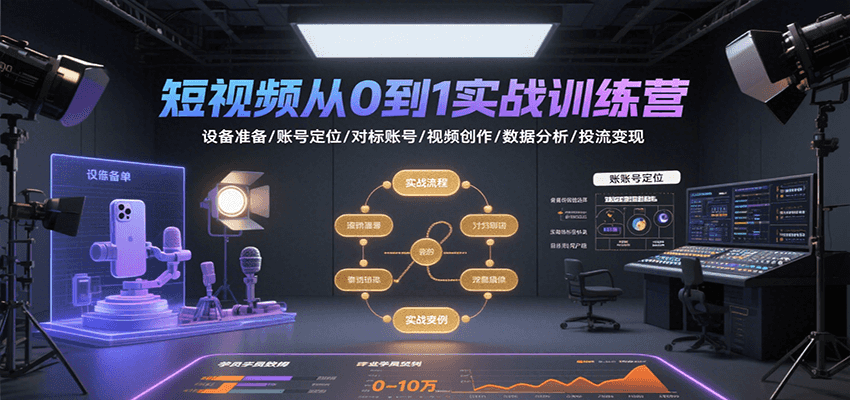 短视频从0到1实战训练营：设备准备/账号定位/对标账号/视频创作/数据分析/投流变现-小酒传媒创业网：网创资源∞实战项目∞全网首发