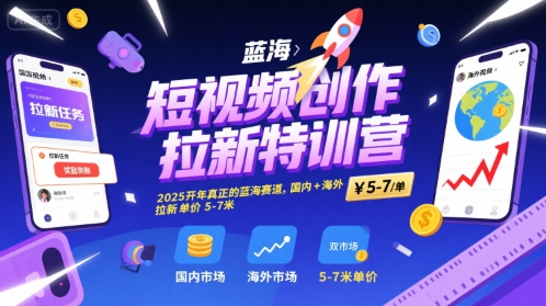 短视频创作拉新特训营，2025开年真正的蓝海赛道，国内+海外，拉新单价5-7米-小酒传媒创业网：网创资源∞实战项目∞全网首发