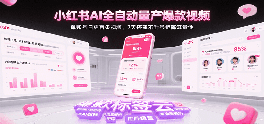 小红书AI全自动量产爆款视频，单账号日更百条视频，7天搭建不封号矩阵流量池-小酒传媒创业网：网创资源∞实战项目∞全网首发
